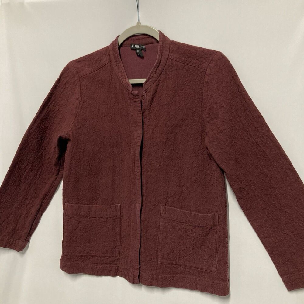Eileen Fisher Deep Claret Organic Crepe Cotton Mandarin Collar Jacket PM